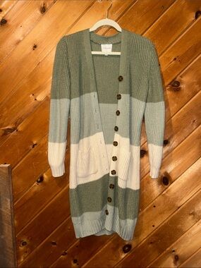 Pink rose color block green & tan neutral duster cardigan sweater